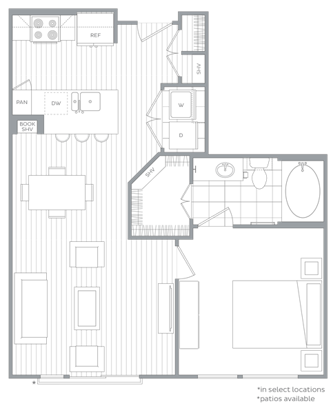 Floor plan for 1 bed, 1 bath, 726 sqft
